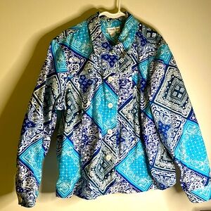 Coldwater Creek jean jacket size 2x pockets floral blue white patchwork design